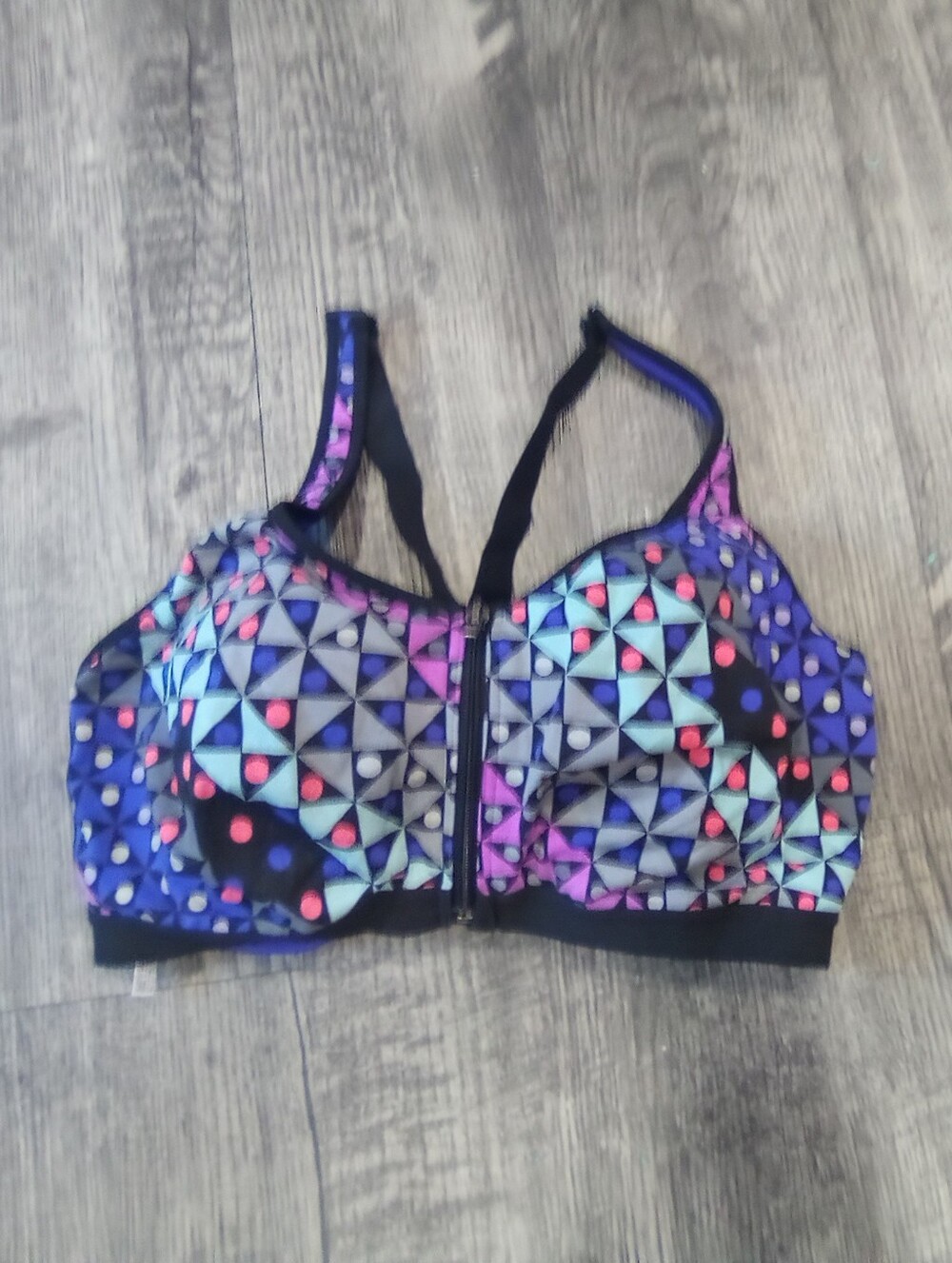 Victoria Secret Geometric Front-Zip Sports Bra in Purple, Teal & Pink